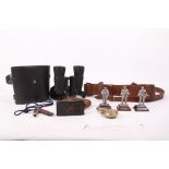 Sam Browne, ARP whistle and case, figures of Marines & Churchill, field camera and other items.