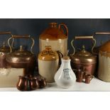 A collection of Edwardian stoneware jars, including a Kenward example. Also included a bed warmer,