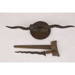 Malayan Kris, brass 'hoof' handle with leaf decoration, trailing branch decoration to 28.5cm