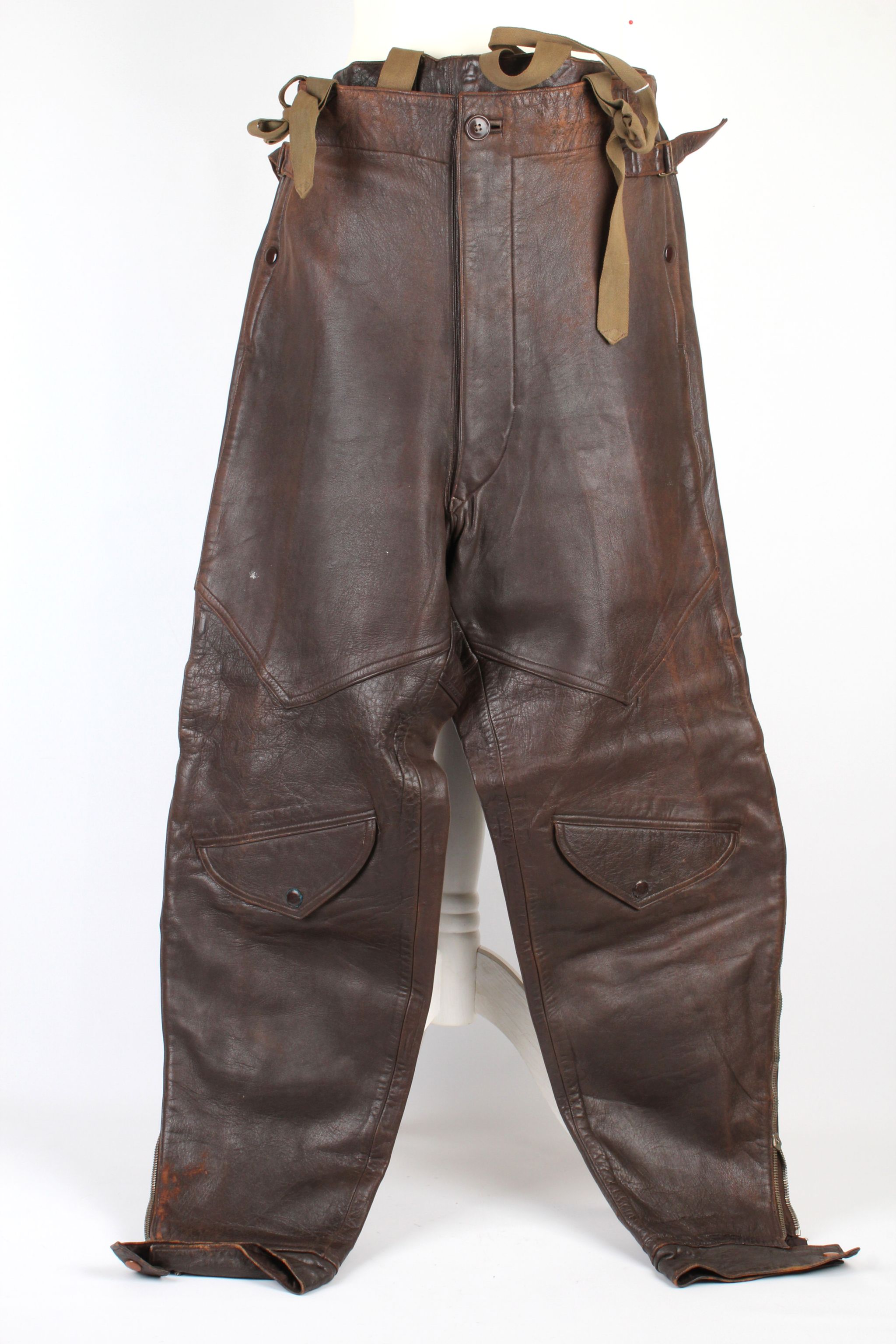A pair of WW2, French leather flying trousers, H. Morel of St. Etienne, type 30, dated April 1939,