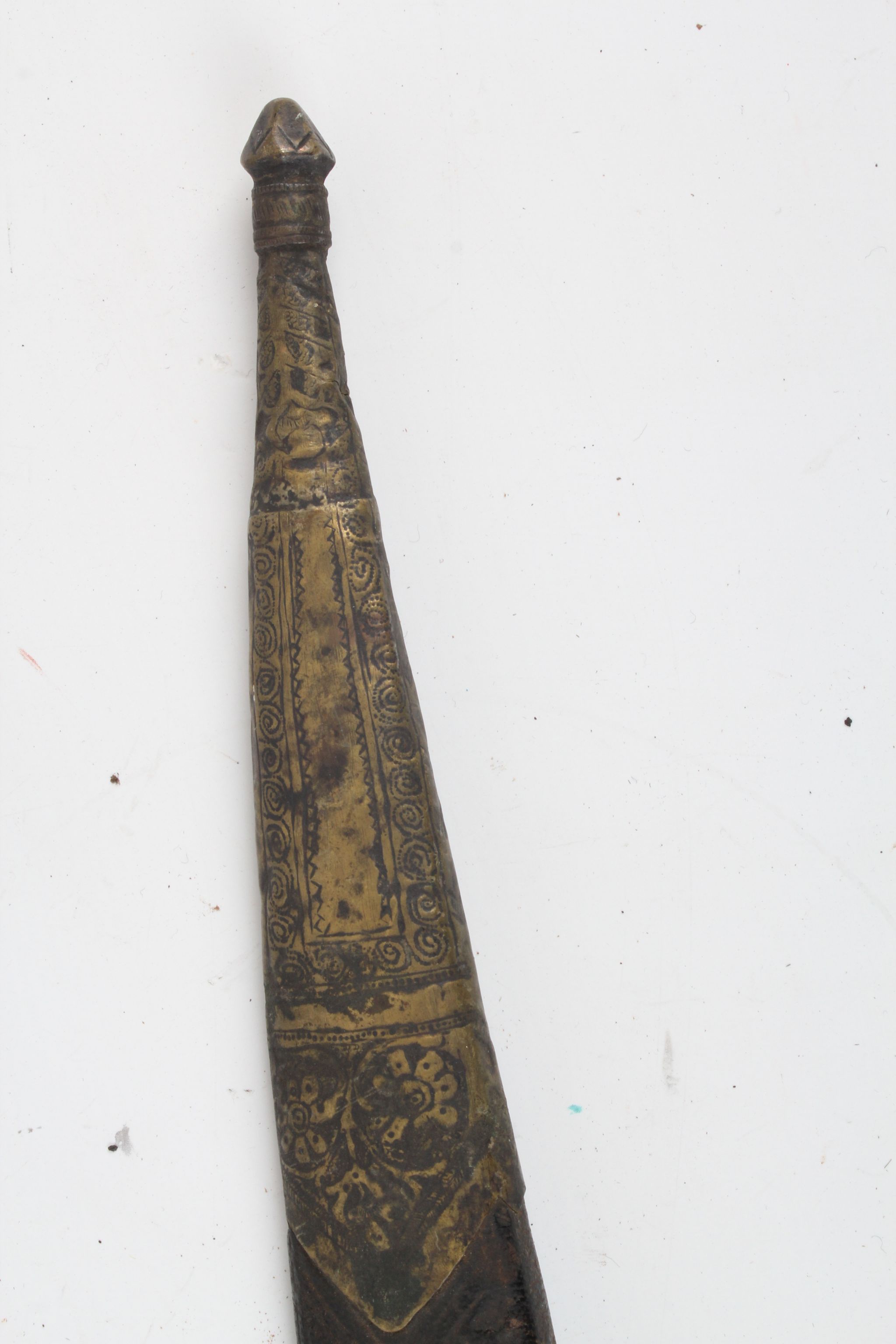 An Indian Talwar, steel grip and knuckle guard, minor punch decoration to 74cm curved blade, leather - Image 10 of 10