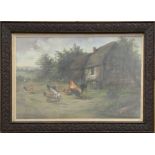 An oak framed oil painting, landscape with cockerel and chickens in a farm meadow, 40 x 57cm.
