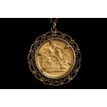 A 9ct gold pendant mounted, 1900 gold full sovereign coin on chain.