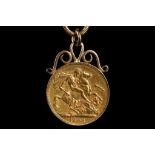 A pendant mounted Victorian full sovereign coin, on 18ct snake link chain.