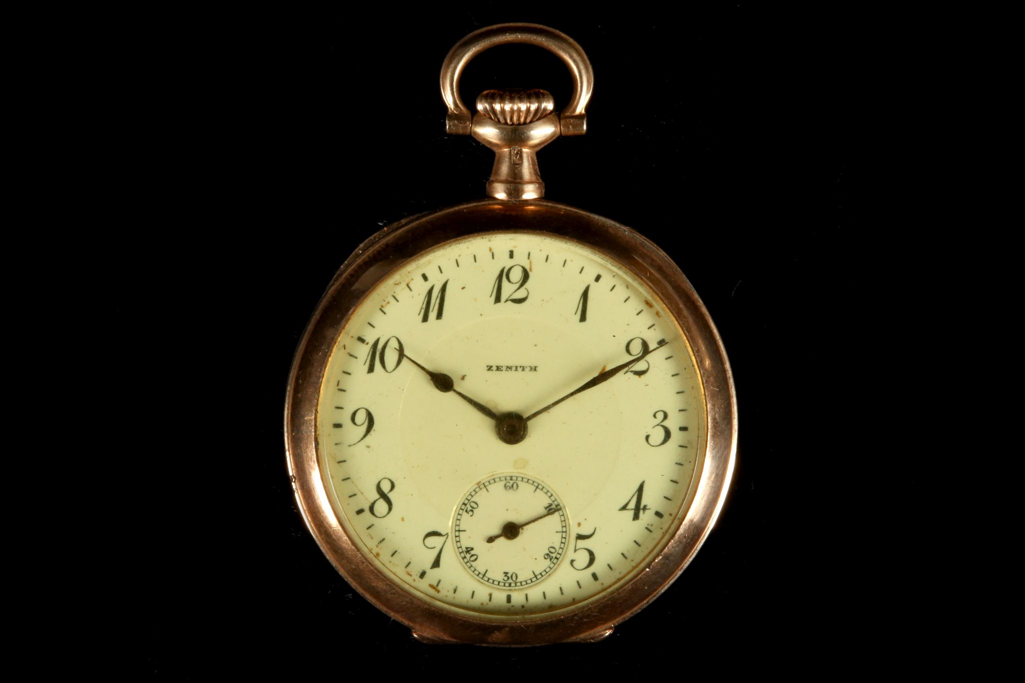 An early 20th Century 14k gold cased Zenith fob watch, with Arabic chapter dial, sub-seconds dial