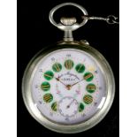 A vintage Doxa Goliath open faced pocket watch, with lilac dial and green guilloché enamel Roman