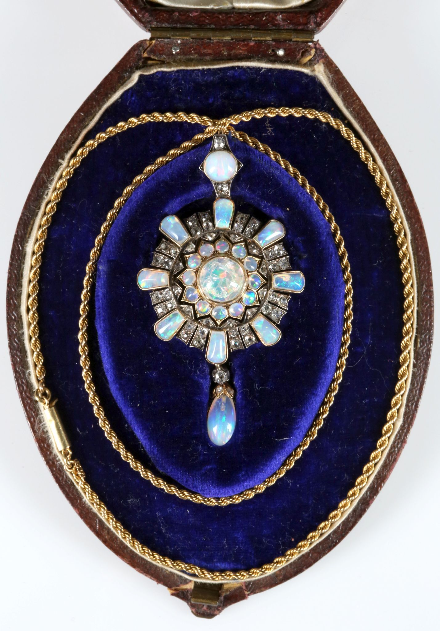 A fine Victorian gold, opal and diamond cluster pendant / brooch, with removable pin and gold rope