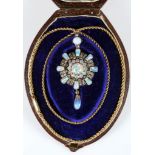 A fine Victorian gold, opal and diamond cluster pendant / brooch, with removable pin and gold rope