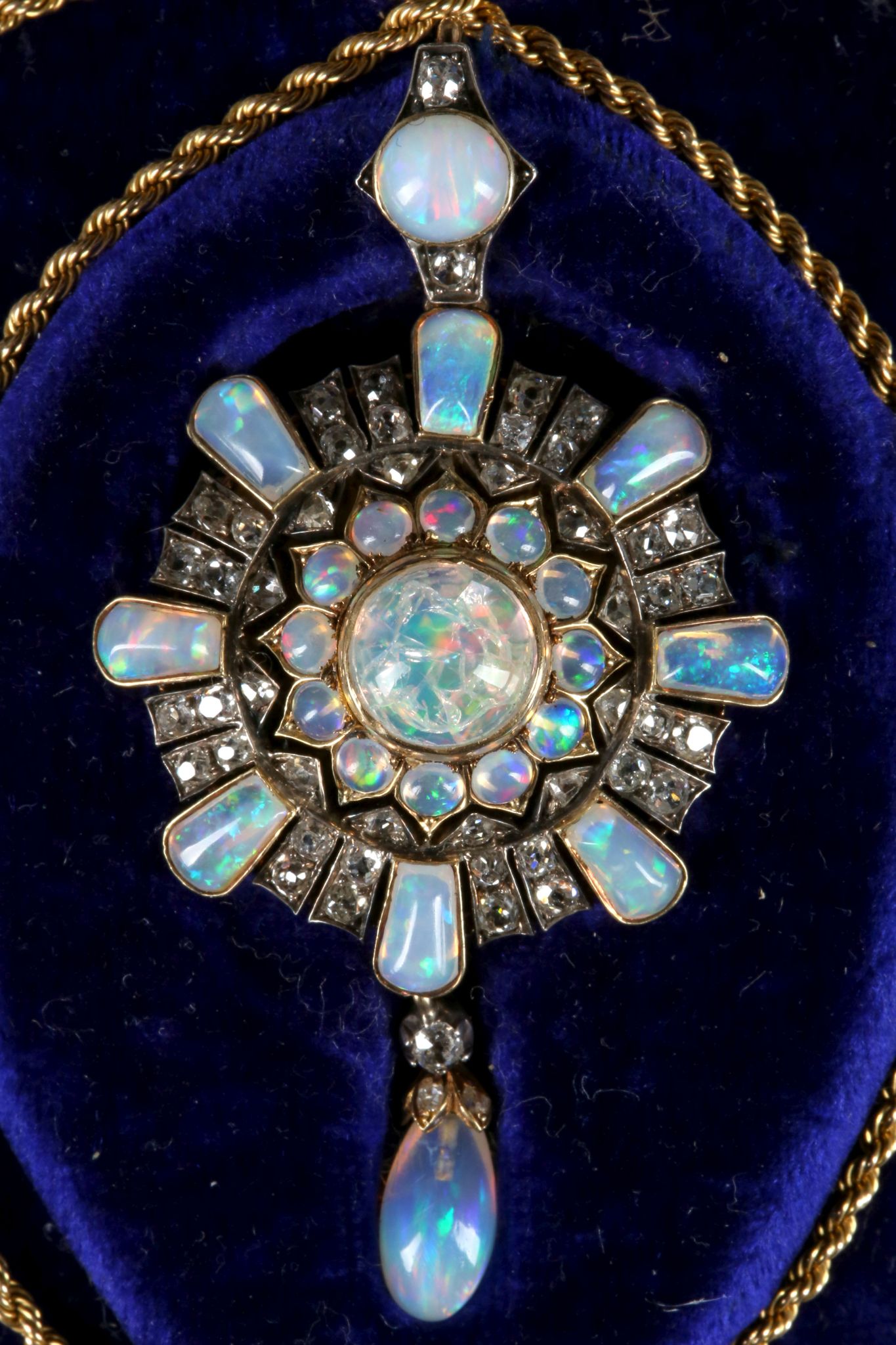 A fine Victorian gold, opal and diamond cluster pendant / brooch, with removable pin and gold rope - Image 2 of 3