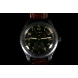A World War II era military issued Cyma wristwatch, stainless steel case, black dial Arabic
