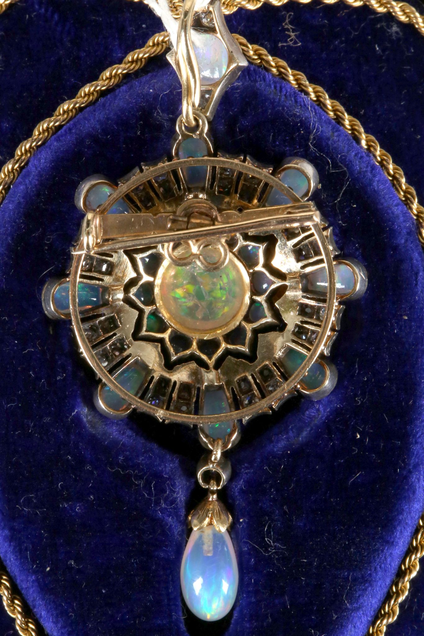 A fine Victorian gold, opal and diamond cluster pendant / brooch, with removable pin and gold rope - Image 3 of 3