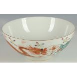 A Chinese rice bowl, exterior enamel decorated studies of open mouthed red and blue five-toed