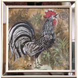 Millicent Howe, a framed pen, ink gouache and sequin embroidery of a crowing cockerel.