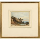 John Varley OWS (1778-1842), castle on a hill near a lake, watercolour, 10 x 13.5cm.