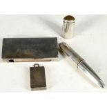 A hallmarked silver vesta, cigar case, match holder and a large match case holder, engraved with