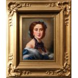Oil on panel a head plus shoulder portrait of an elegant Victorian lady, 38 x 29cm.