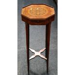 A fine Sheriton style octagonal toppe, mahogany, satinwood and pen work decorated kettle table, with