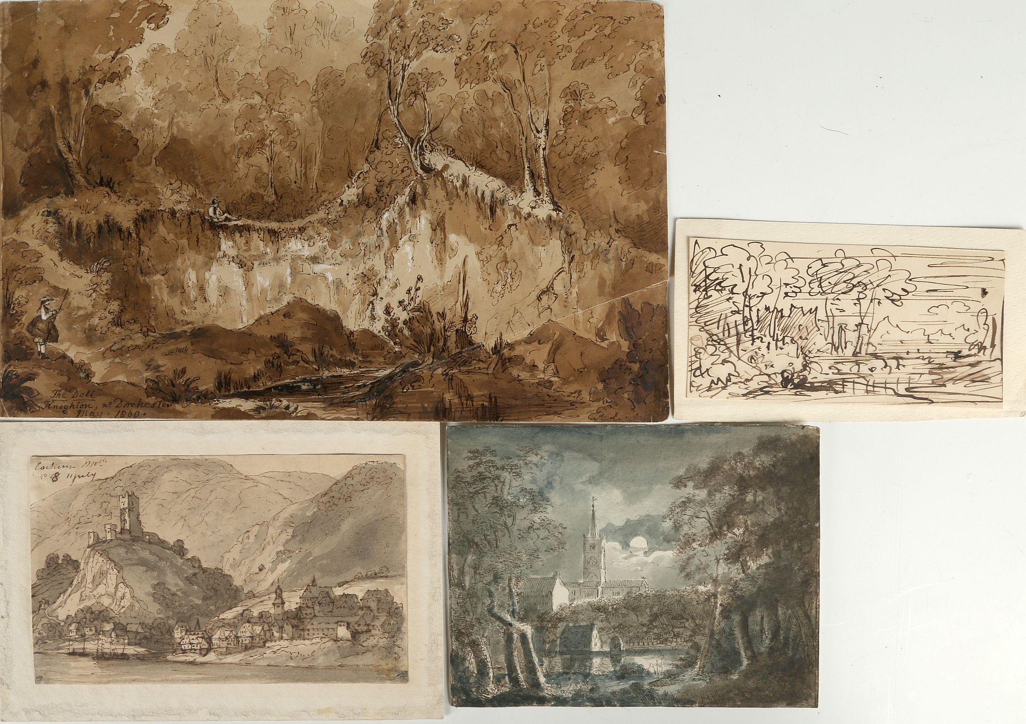 Four 19th Century studies on paper, 'The Dell, Knighton, nr Dorchester', a female angler with a male