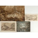 Four 19th Century studies on paper, 'The Dell, Knighton, nr Dorchester', a female angler with a male