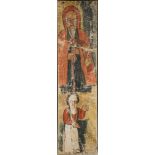 19th Century Ethiopian coptic painting, study of a saint holding fly whisk and stick, standing above