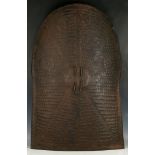 African iron work tribal shield, pokerwork decoration, Cameroon, 87 x 56.5cm.