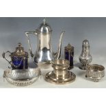 A collection of Dutch silver items to include a classical blue glass lined mustard pot and salt, a