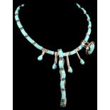 A Mexican silver and turquoise set necklace, sold together with matching bracelet and dress ring. (