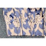 A pair of hand finished, quality curtains in Rococo style, blue and with three pleat finishing,