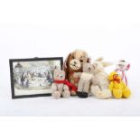 Six vintage plush toys, including a Steiff mohair rabbit, a mohair Shuco Lady from "Lady and the