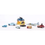 Nine vehicles including a boxed Budgie toy No.262, Racing motor cyclist, loose; Dinky Harrier GR MK1