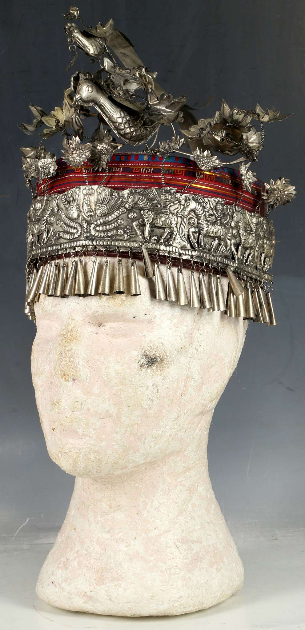 A Chinese miao ethnic minority, tribal headdress, ornately decorated with birds in white metal. - Image 2 of 4