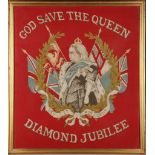 A Victorian Diamond Jubilee banner in excellent condition, glazed and gilt framed, size 67 x 59cm.