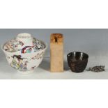 A Chinese desk seal weight with dragon finial, 8cm high, rice/tea bowl with saucer, six character