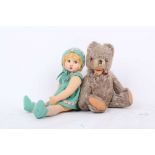 A fine Raynel hand painted felt cloth doll and a Hermann Zotty bear; the doll is fully jointed,