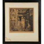 Guido Richi (1837-1897), a woodcut of a Bologna port, signed to lower right, framed, size 32 x