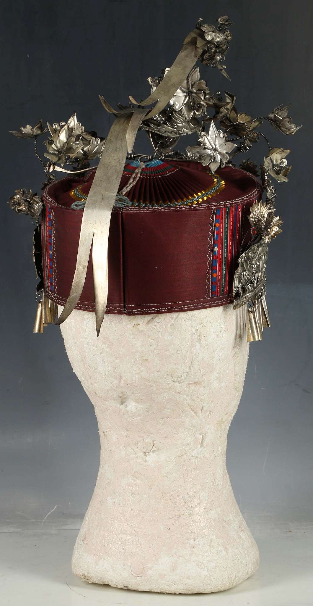 A Chinese miao ethnic minority, tribal headdress, ornately decorated with birds in white metal. - Image 4 of 4