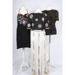 Four beaded ladies' clothing, including a skirt, a diamanté top and a dress (size UK 8/12). (4)