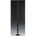 African wooden walking stick from Congo, Lega tribe, male figure above female and other carvings,