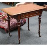 A late 19th Century hall writing table, walnut and mahogany, single drawer and faux front, turned,