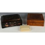 An oriental lacquer box, Chinese pheasant decoration, ivorine box and burr walnut box. (3)