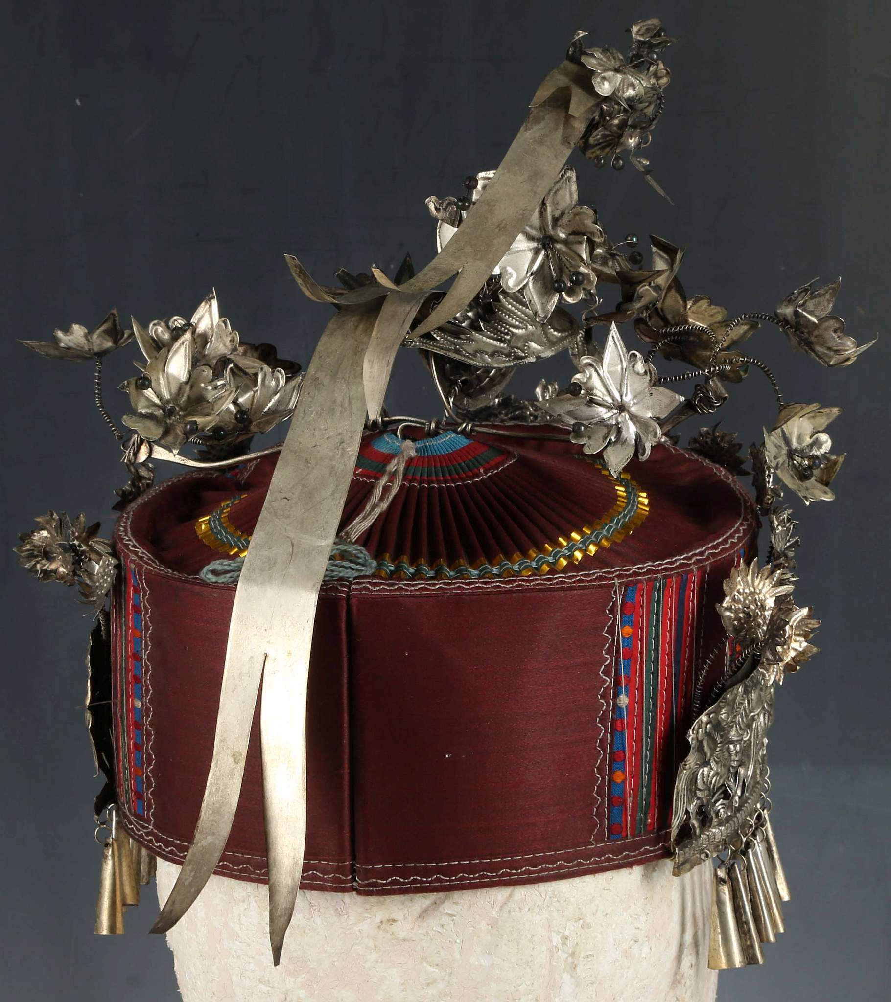 A Chinese miao ethnic minority, tribal headdress, ornately decorated with birds in white metal. - Image 3 of 4