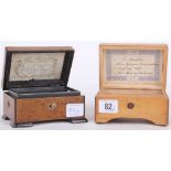 Two Victorian small music boxes, one set in a walnut box on feet with gilt buttons, French,