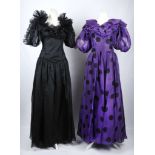 Two 1970s Gina Fratini summer gowns, a black organza and a purple with large black polka dot in