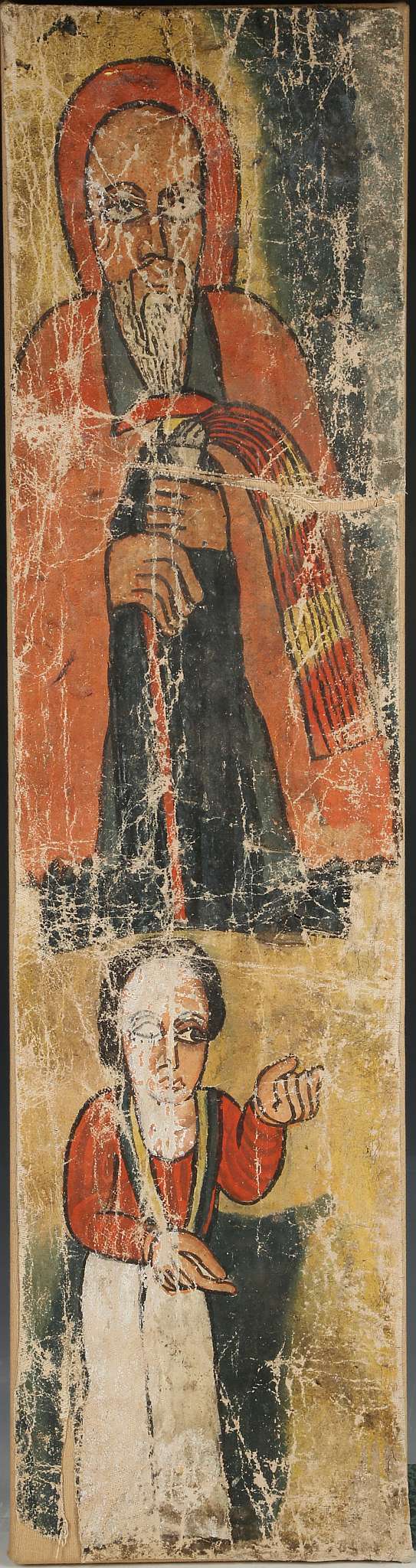 19th Century Ethiopian coptic painting, study of a saint holding fly whisk and stick, standing above