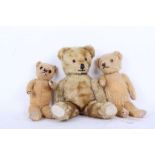 Three 1940s to 1960s English golden mohair Teddy bears, Kapok filled, fully jointed, black