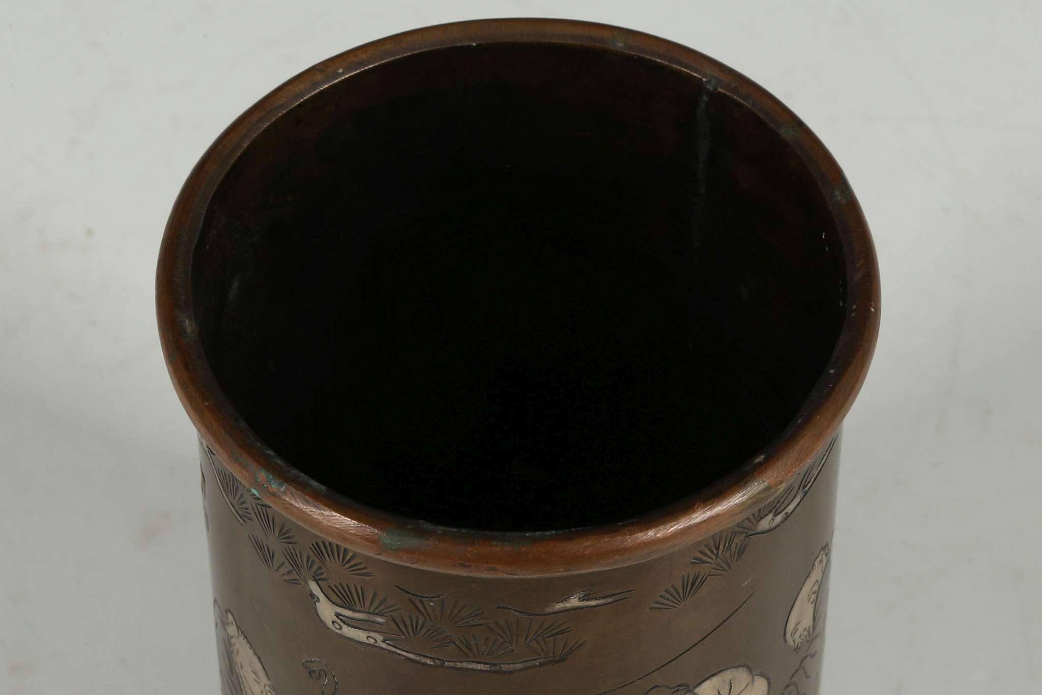 A Chinese bronzed brush pot, copper rim, elders examining scroll, inscription and signature to edge, - Image 4 of 5