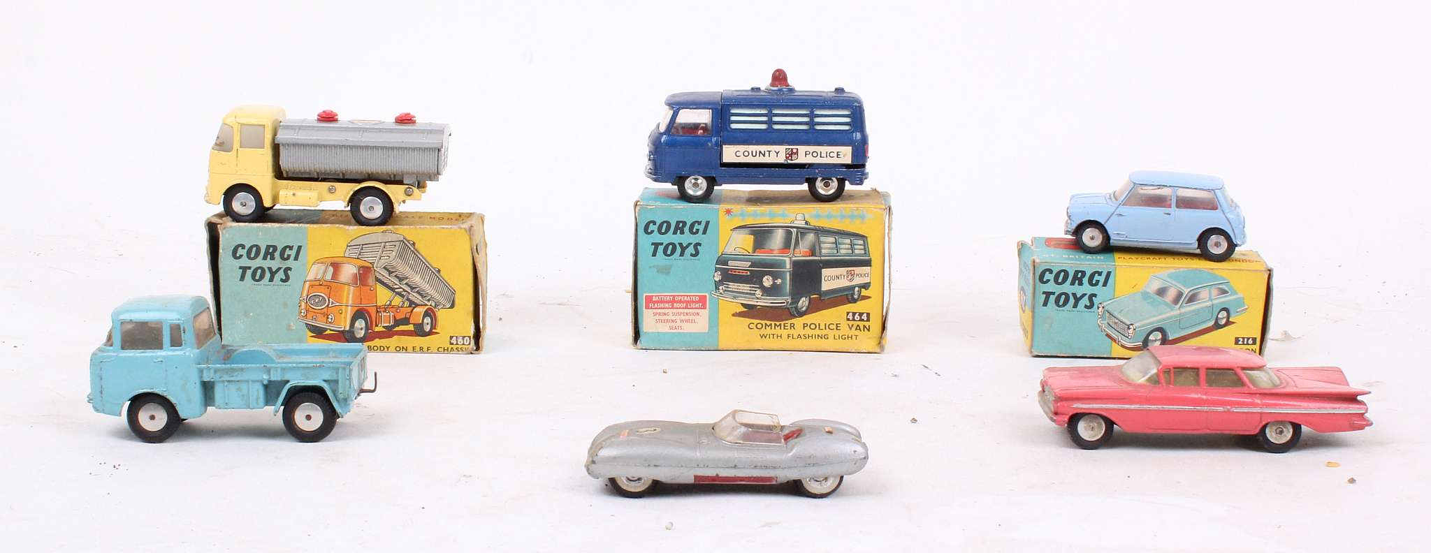 Corgi Toys Vehicles, including Commer Police Van 464 blue with red light, boxed, Neville Cement