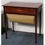 A mahogany and inlaid Sheraton style work table with frieze drawer and sliding cottons and wool