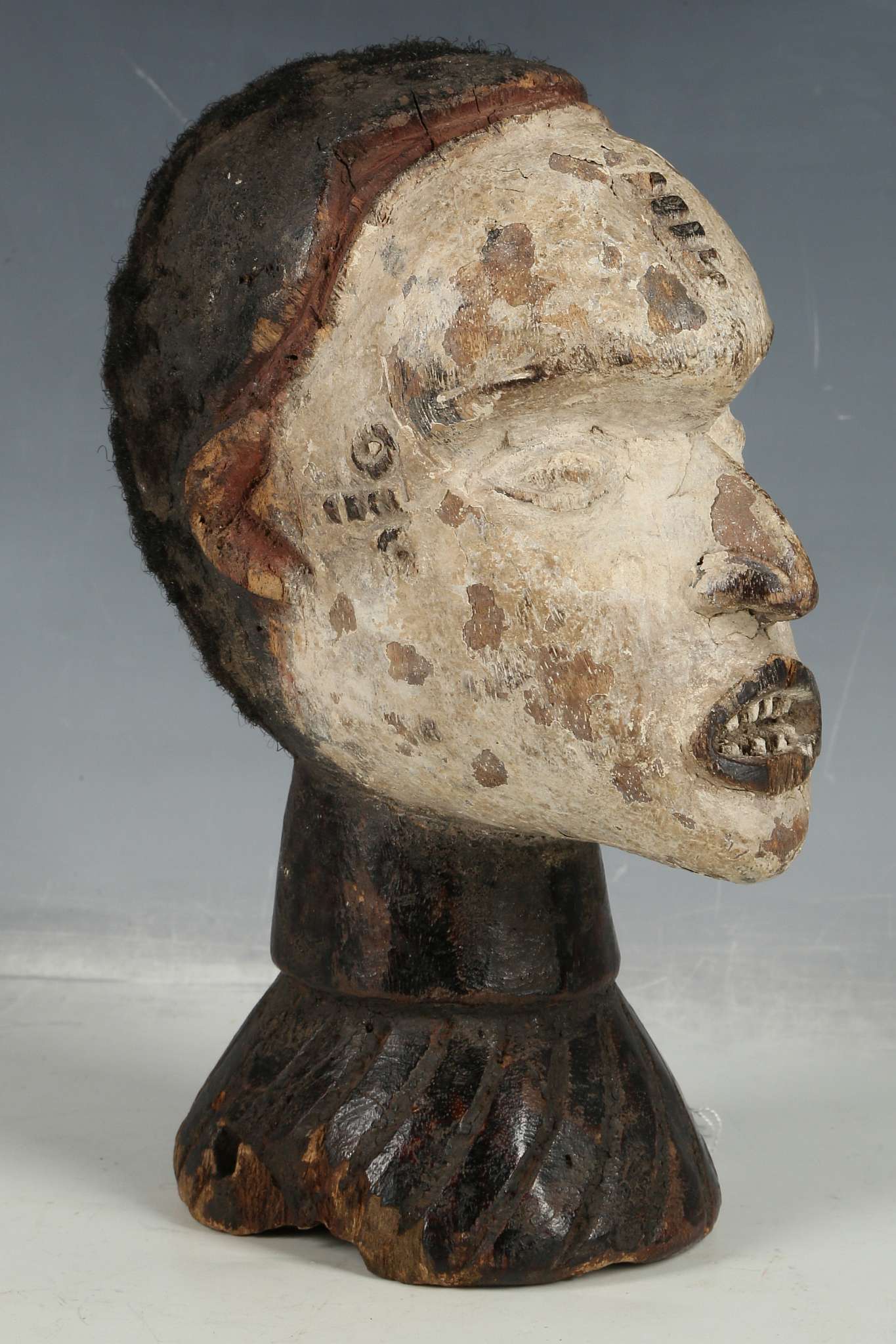 African tribal headdress bust, Ibo tribe Nigeria, hand painted with real hair applied, 22cm.