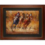 A Modern School an equine oil painting study of horse race, jockeys at full gallop, signed, 45 x